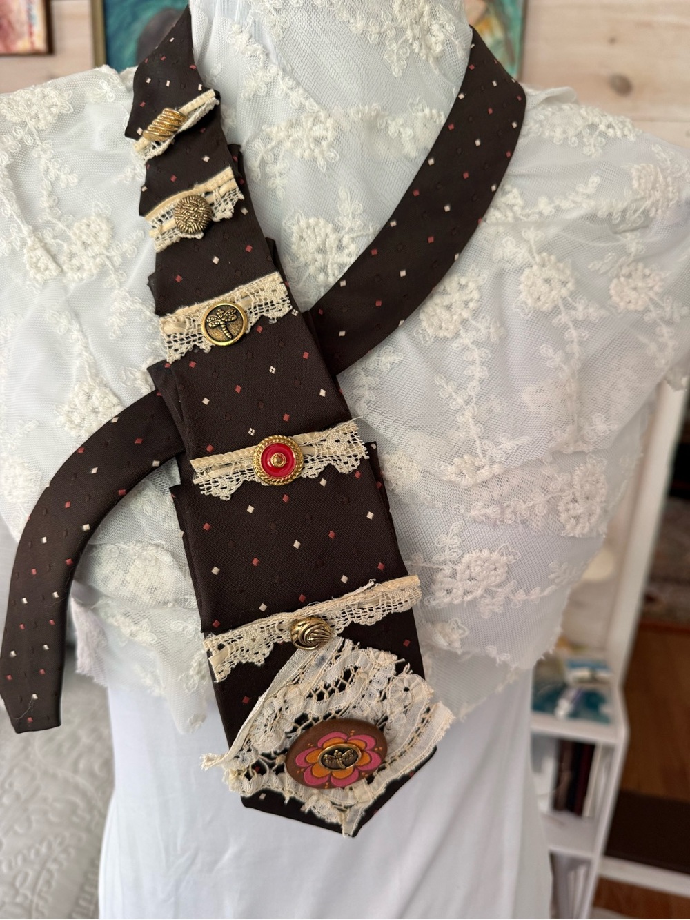 Upcycled Vintage Brown Necktie Art Scarf - Picture 6 of 9
